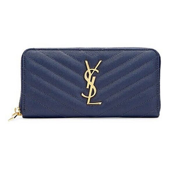 YSL Navy Monogram Matelassé Leather Zip-Around Continental Wallet - Picture 1 of 8